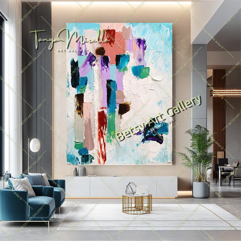 EXTRA LARGE Peinture à l’huile d’empâtement abstraite bleu clair sur toile / Pas de cadre