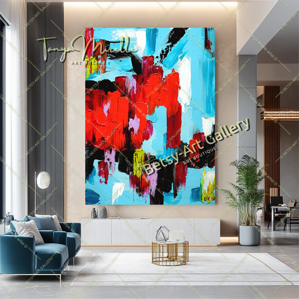 Red Blue Abstract Impasto Oil Painting on Canvas