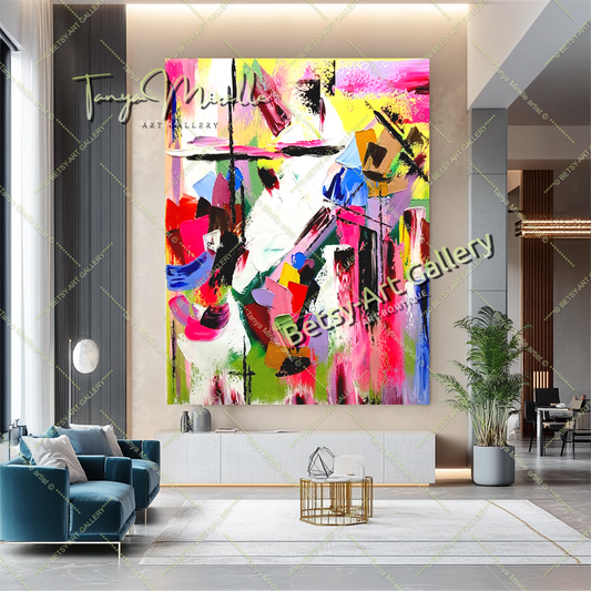 GRANDE peinture à l'huile abstraite moderne, rose vif et rouge, sur toile, pour salon