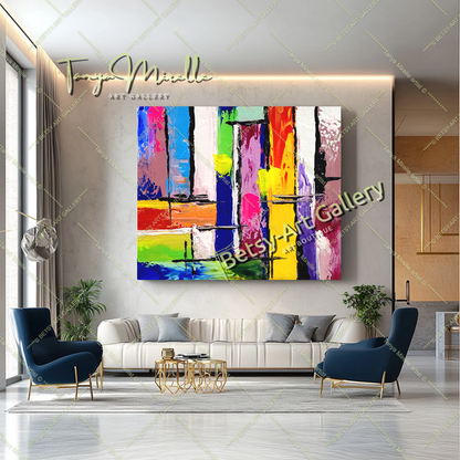 GRANDE peinture abstraite colorée en impasto, art sur toile, peinture murale moderne géométrique pour salon