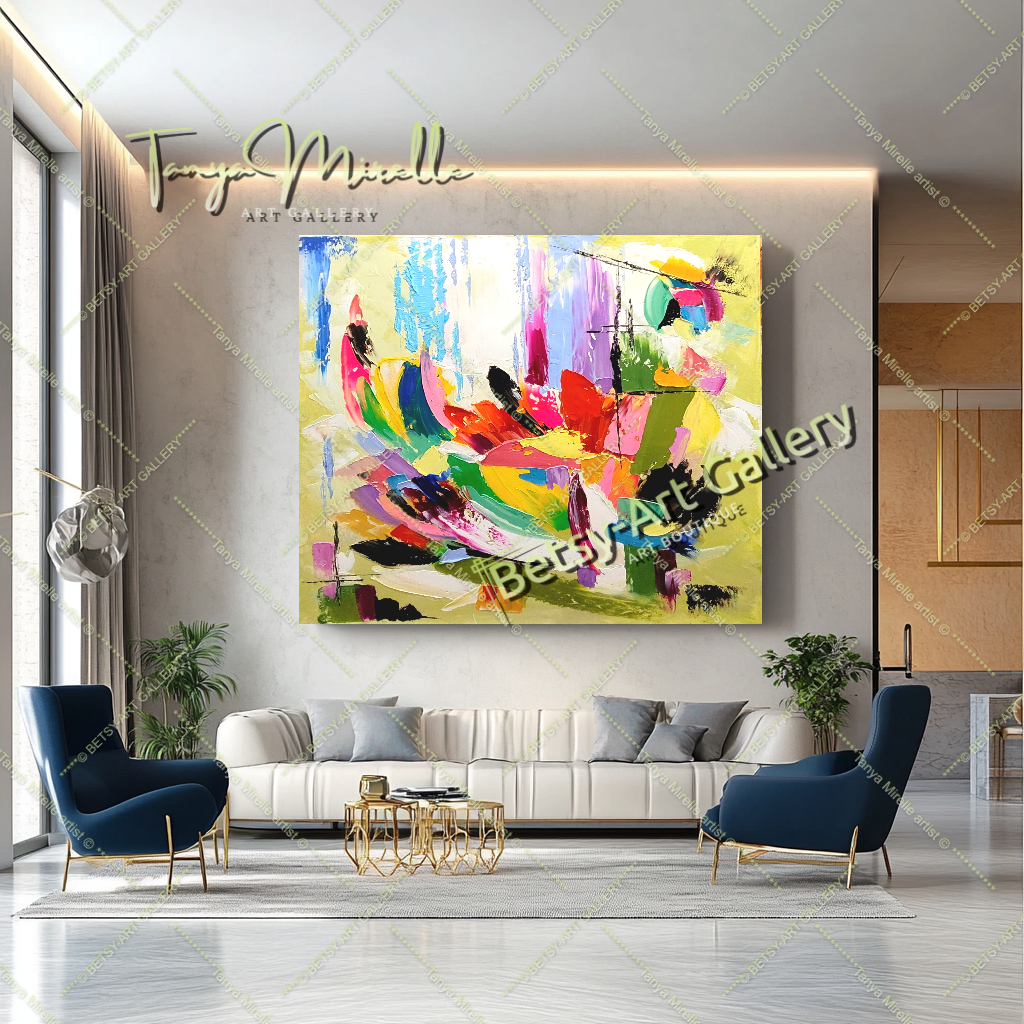 Peinture à l'huile abstraite vibrante sur toile - Œuvre d'art texturée moderne - Originale faite à la main pour le salon