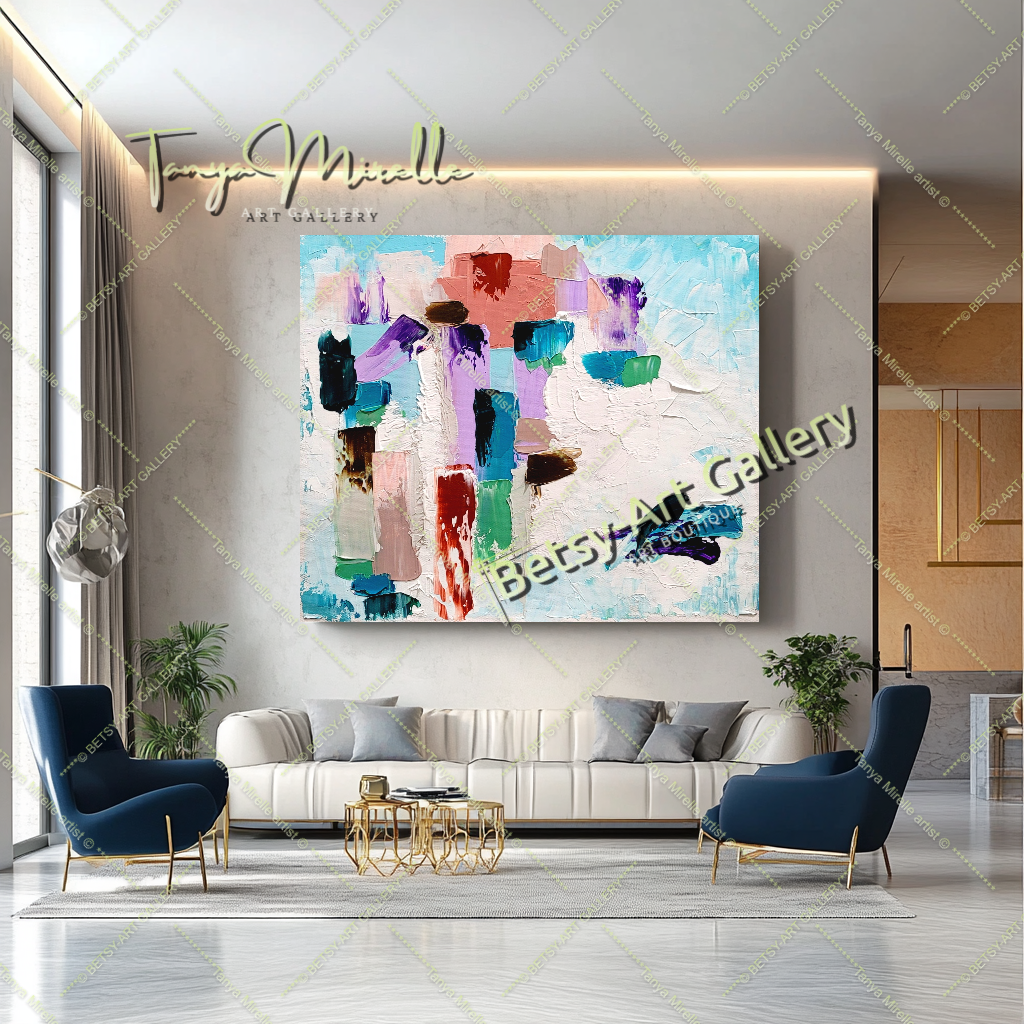 EXTRA LARGE Peinture à l’huile d’empâtement abstraite bleu clair sur toile / Pas de cadre