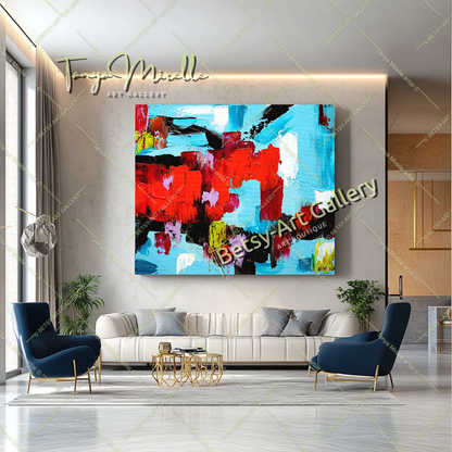 Red Blue Abstract Impasto Oil Painting on Canvas