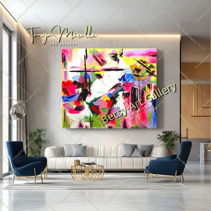 GRANDE peinture à l'huile abstraite moderne, rose vif et rouge, sur toile, pour salon