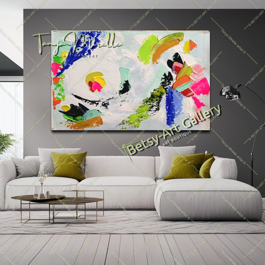 Grandes peintures abstraites pour le salon, peinture à l'huile impasto sur toile, art mural moderne coloré, peinture unique
