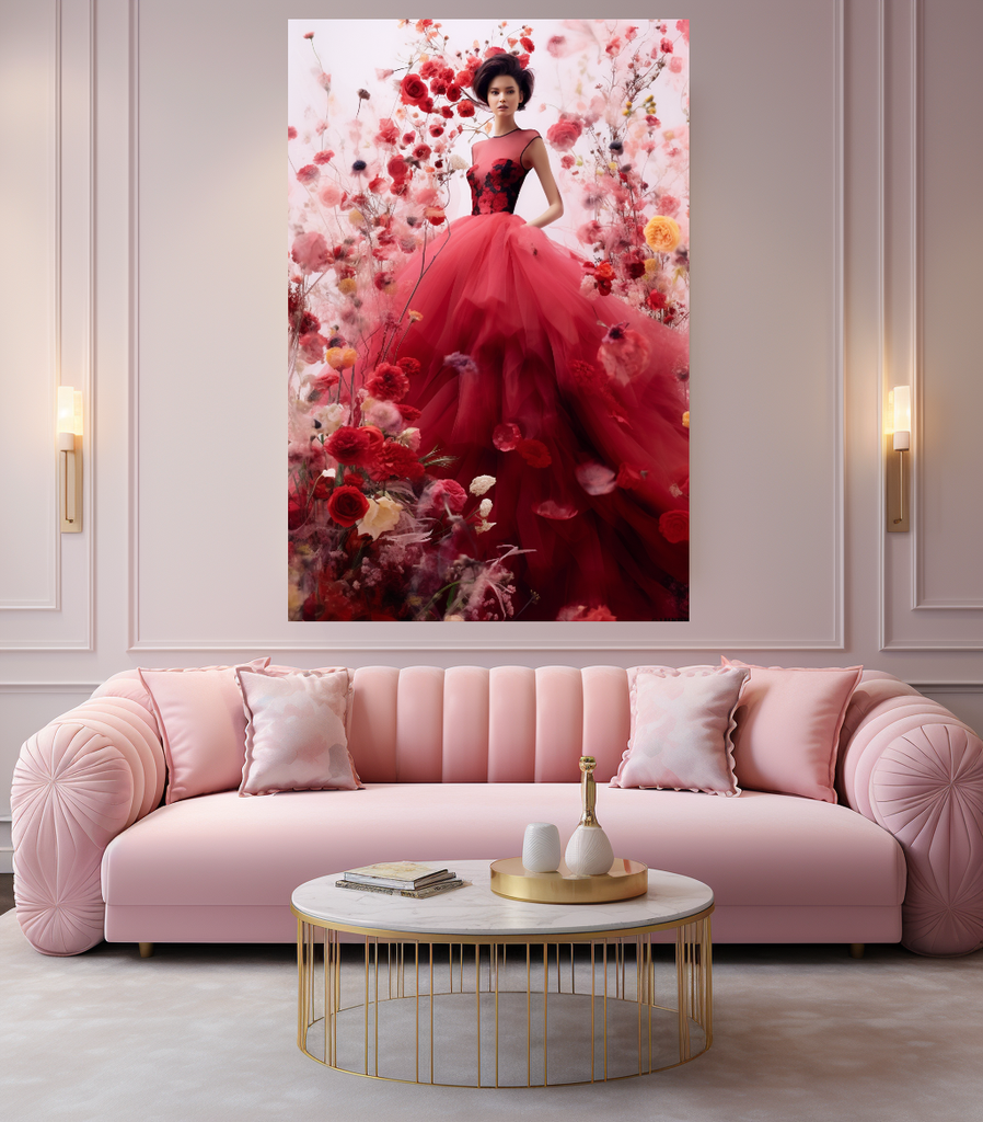 Modern Fashion Art Print on Canvas, Perfume Woman, Lady in Red, Floral Woman Art – Large – Oil on Canvas – {{ product.title }} canvas artwork by Tanya Mirelle – modern wall decor – original artwork for home, living room, office, or gallery – original artwork by BETSY-ART GALLERY