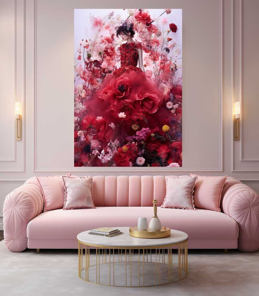 Modern Fashion Art Print on Canvas, Perfume Woman, Lady in Red, Floral Woman Art – Large – Oil on Canvas – {{ product.title }} canvas artwork by Tanya Mirelle – modern wall decor – original artwork for home, living room, office, or gallery – original artwork by BETSY-ART GALLERY