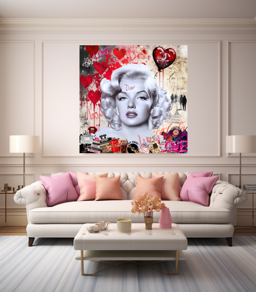 Marilyn Monroe blowing Bubble Gum, Celebreti Portrait, Modern Pop Art Print on Canvas – Large – Oil on Canvas – {{ product.title }} canvas artwork by Tanya Mirelle – modern wall decor – original artwork for home, living room, office, or gallery – original artwork by BETSY-ART GALLERY
