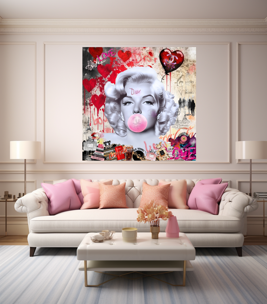 Marilyn Monroe blowing Bubble Gum, Celebreti Portrait, Modern Pop Art Print on Canvas – Large – Oil on Canvas – {{ product.title }} canvas artwork by Tanya Mirelle – modern wall decor – original artwork for home, living room, office, or gallery – original artwork by BETSY-ART GALLERY