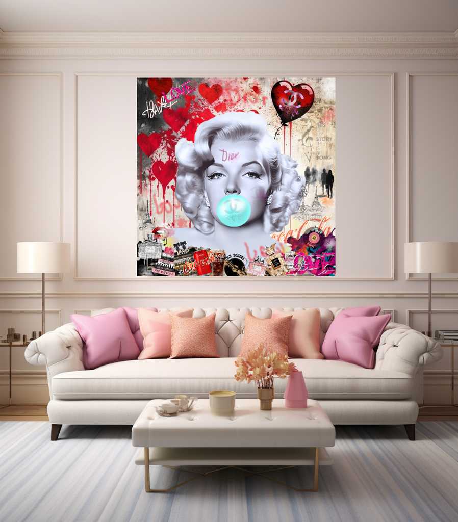 Marilyn Monroe blowing Bubble Gum, Celebreti Portrait, Modern Pop Art Print on Canvas – Large – Oil on Canvas – {{ product.title }} canvas artwork by Tanya Mirelle – modern wall decor – original artwork for home, living room, office, or gallery – original artwork by BETSY-ART GALLERY
