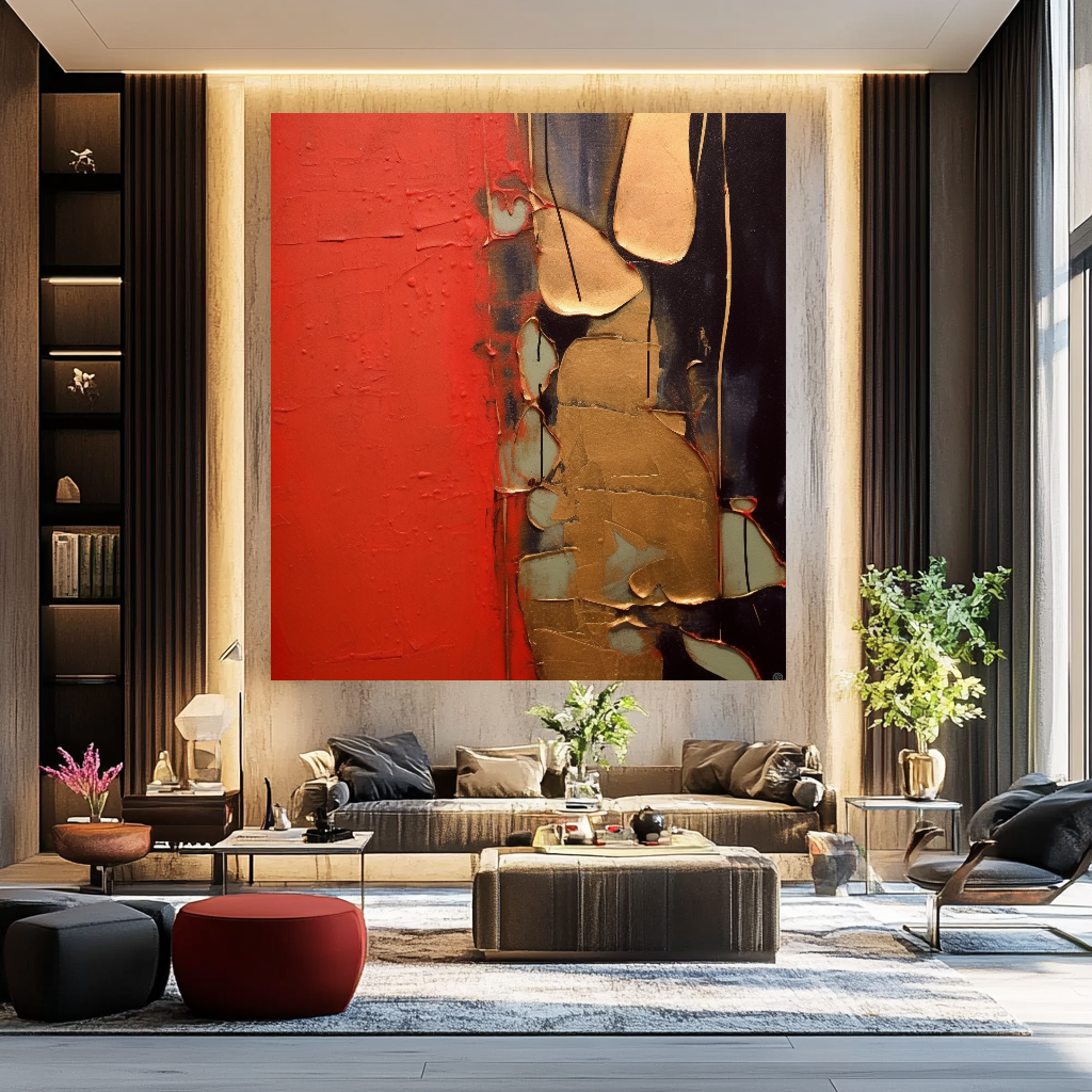 Unique Red Gold Abstract Art - Modern Impasto Oil Painting on Canvas for Living Room, Office, Hotel – Large – Oil on Canvas – {{ product.title }} canvas artwork by Tanya Mirelle – modern wall decor – original artwork for home, living room, office, or gallery – original artwork by BETSY-ART GALLERY