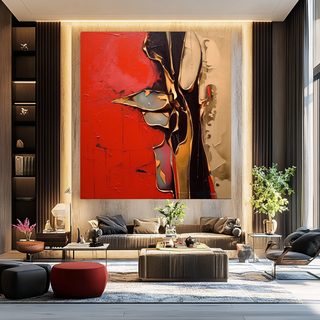 Unique Red Gold Abstract Art - Modern Impasto Oil Painting on Canvas for Living Room, Office, Hotel – Large – Oil on Canvas – {{ product.title }} canvas artwork by Tanya Mirelle – modern wall decor – original artwork for home, living room, office, or gallery – original artwork by BETSY-ART GALLERY