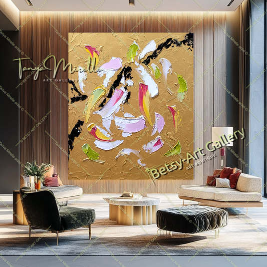 Art abstrait moderne en or, peinture à l'huile impasto sur toile, art mural texturé pour le salon