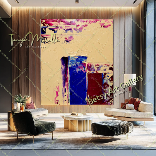 GRANDE peinture à l'huile impasto sur toile, art minimaliste géométrique, décoration d'art contemporain aux couleurs vives