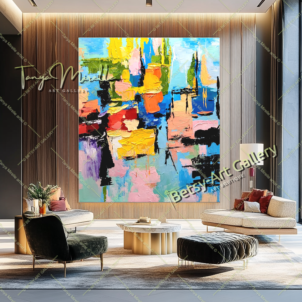 Grandes peintures abstraites pour le salon, peinture à l'huile impasto sur toile, art mural moderne coloré, peinture unique
