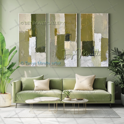 Modern Neutral Tones with Sage Green - Large Abstract Statement Piece