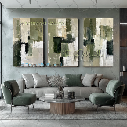 Elegant Green Olive White Textured Canvas Wall Art