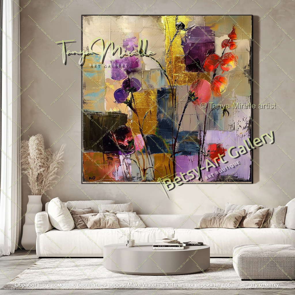 Contemporary Floral Painting Textured Oil Canvas