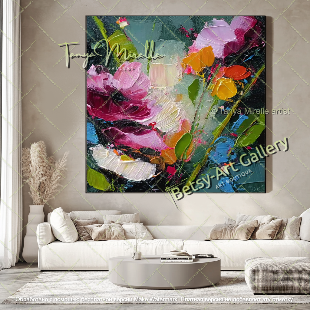 Large Modern Floral Canvas Art Textured Painting
