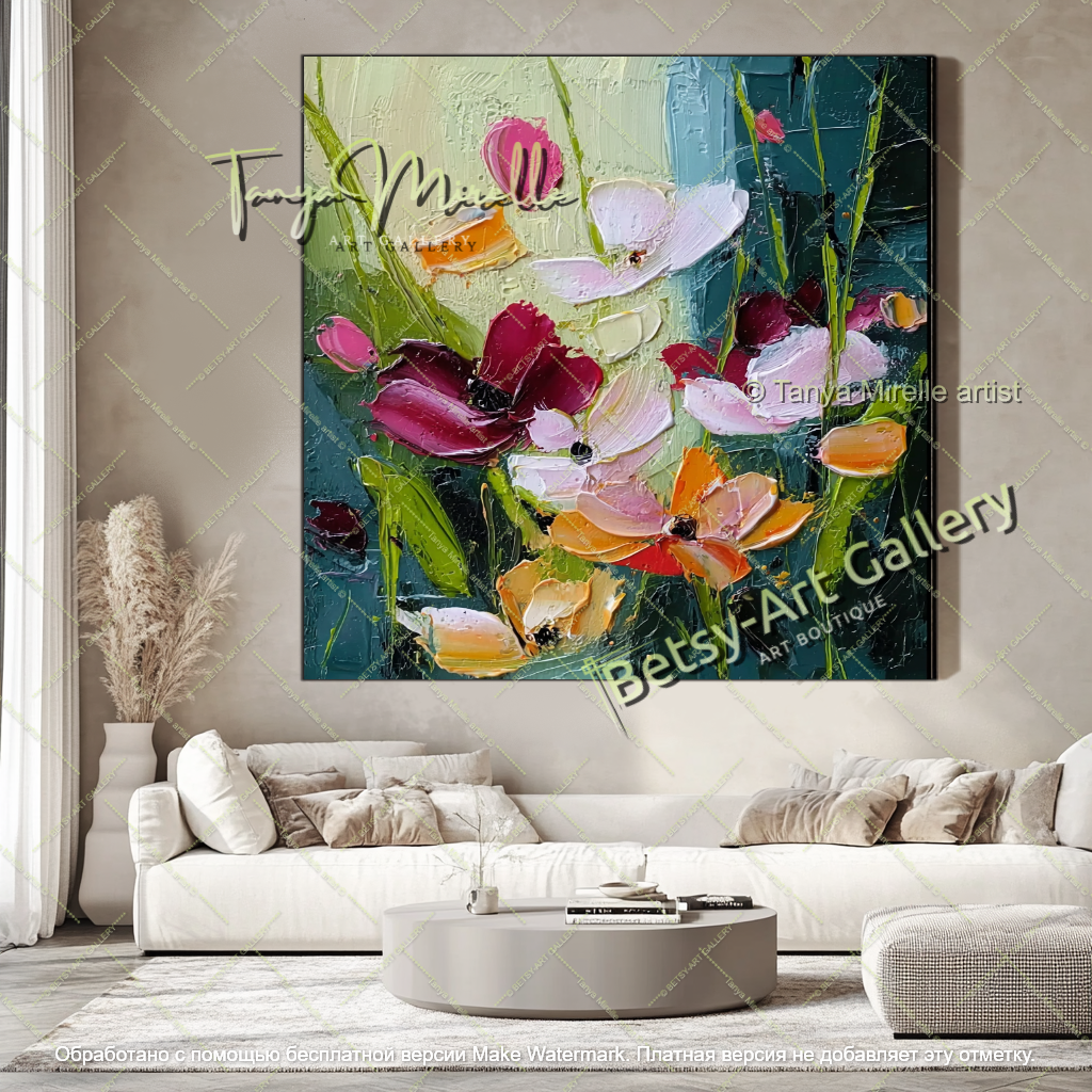 Large Modern Floral Canvas Art Textured Painting