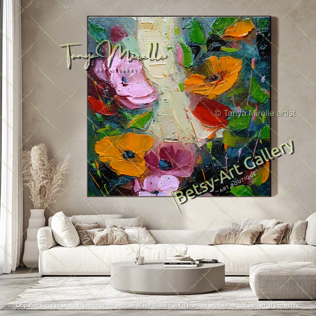 Textured Floral Canvas Art Modern Decor