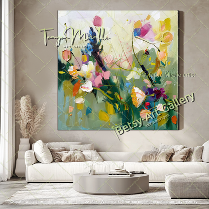 Large Colorful Floral Painting on Canvas
