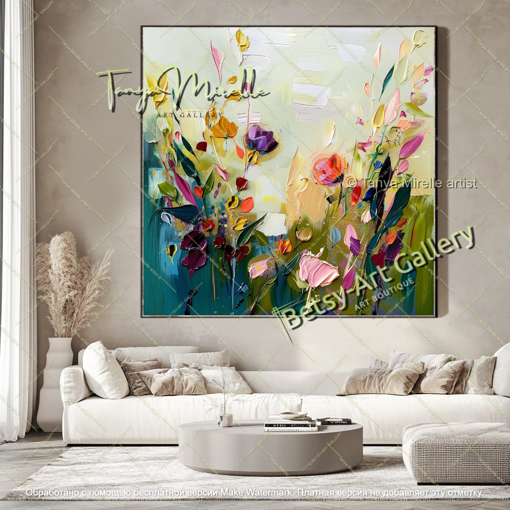 Large Colorful Floral Painting on Canvas