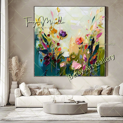 Large Colorful Floral Painting on Canvas