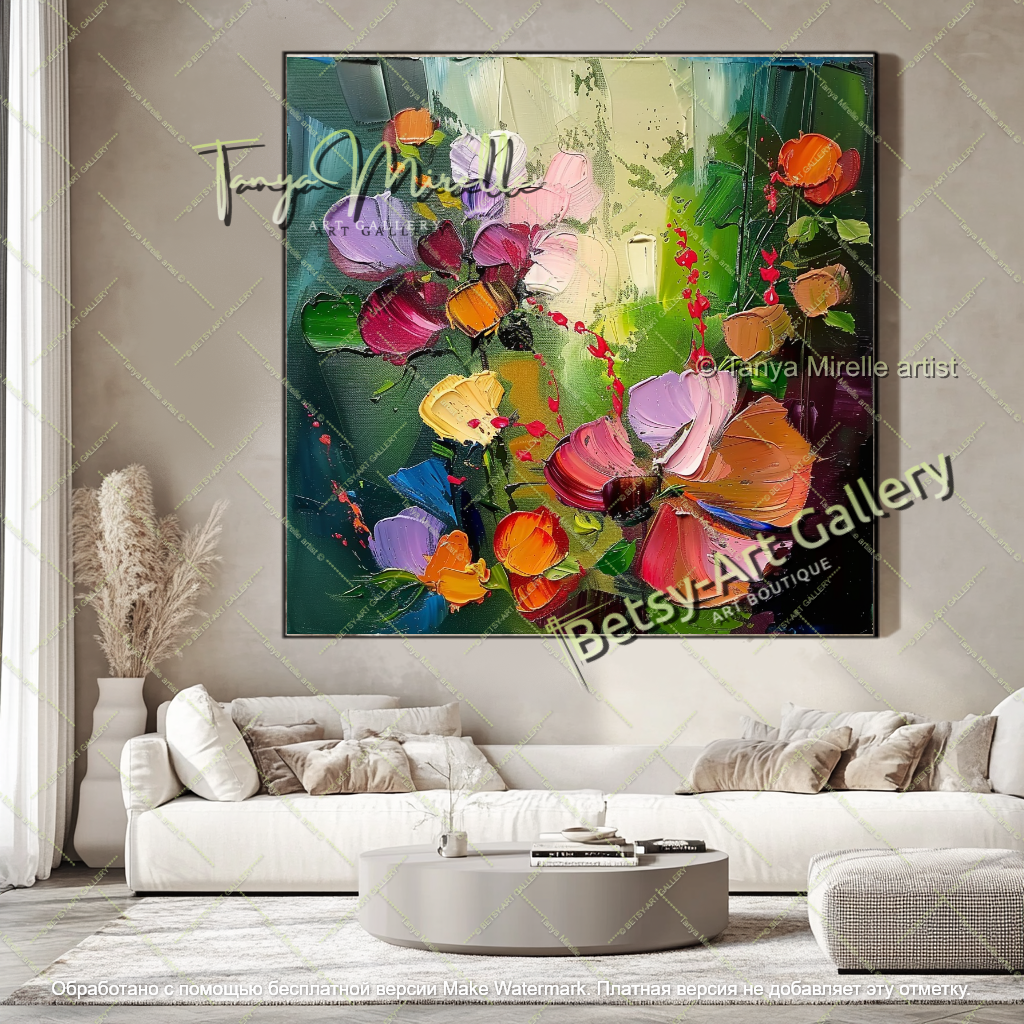 Large Abstract Floral Oil Painting on Canvas, Modern Wall Art Decor
