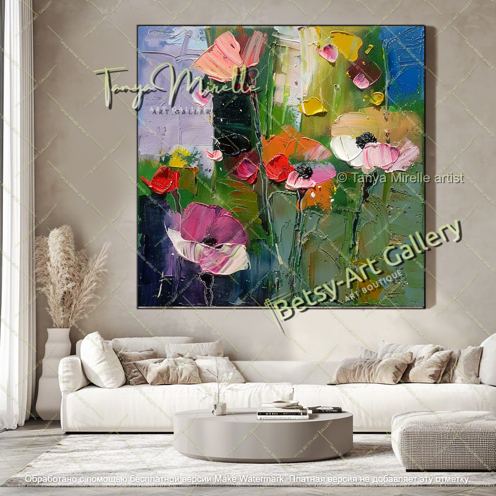 Large Abstract Floral Oil Painting on Canvas, Modern Wall Art Decor
