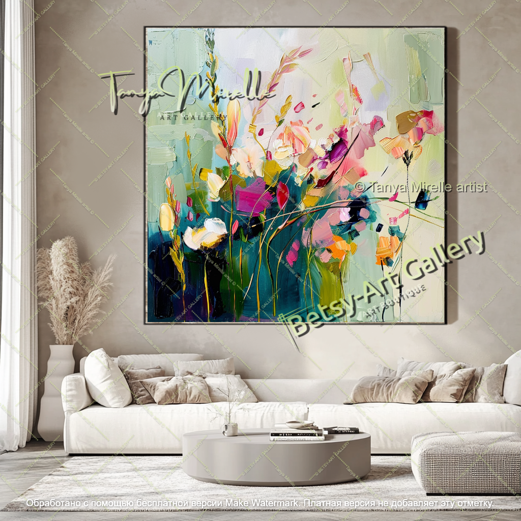 Large Colorful Floral Painting on Canvas