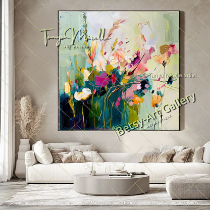 Large Colorful Floral Painting on Canvas