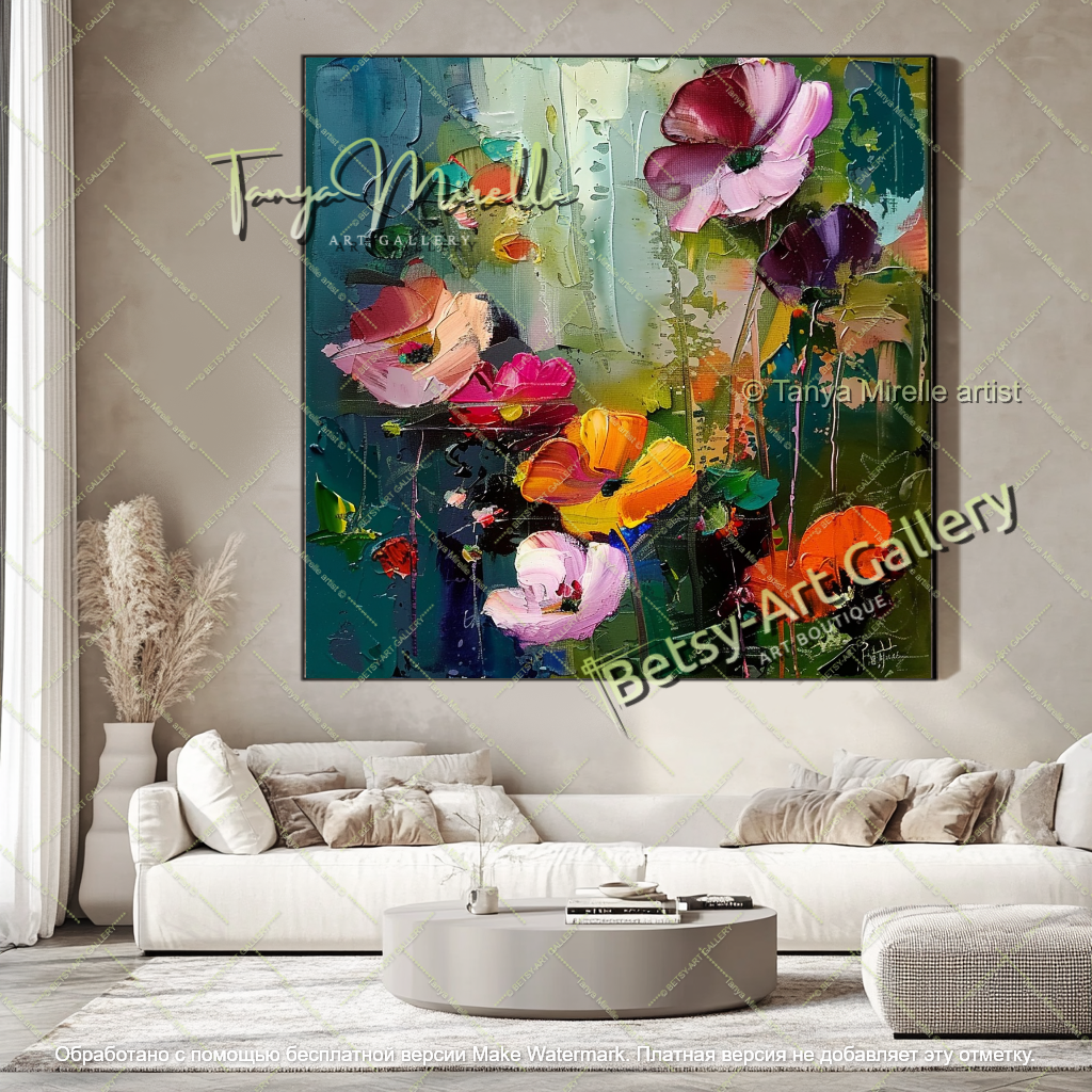 Large Abstract Floral Oil Painting on Canvas, Modern Wall Art Decor