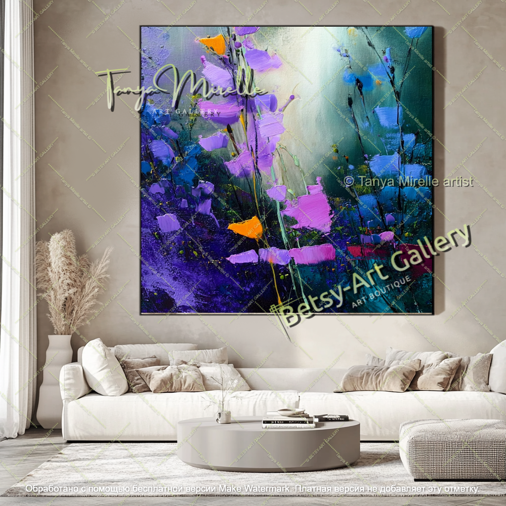 Contemporary Blue Flower Oil Painting Large Wall Art