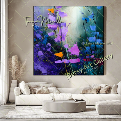 Contemporary Blue Flower Oil Painting Large Wall Art