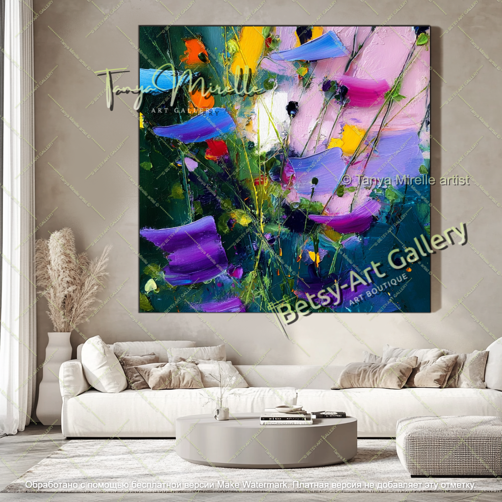 Contemporary Blue Flower Oil Painting Large Wall Art