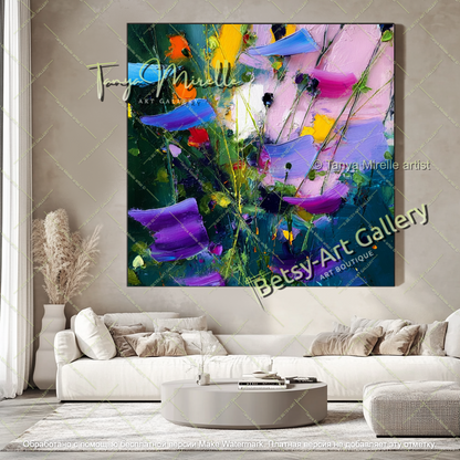 Contemporary Blue Flower Oil Painting Large Wall Art