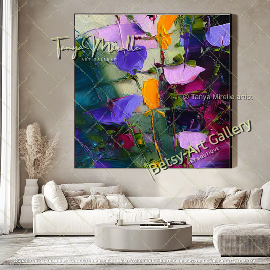 Contemporary Blue Flower Oil Painting Large Wall Art