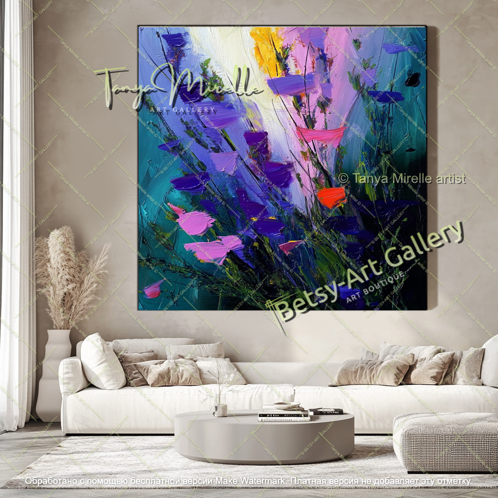 Contemporary Blue Flower Oil Painting Large Wall Art