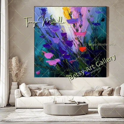 Contemporary Blue Flower Oil Painting Large Wall Art
