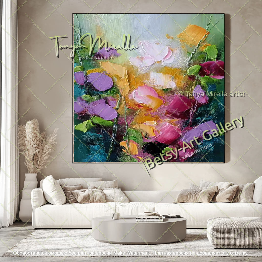 Textured Floral Abstract Canvas Art for Living Room