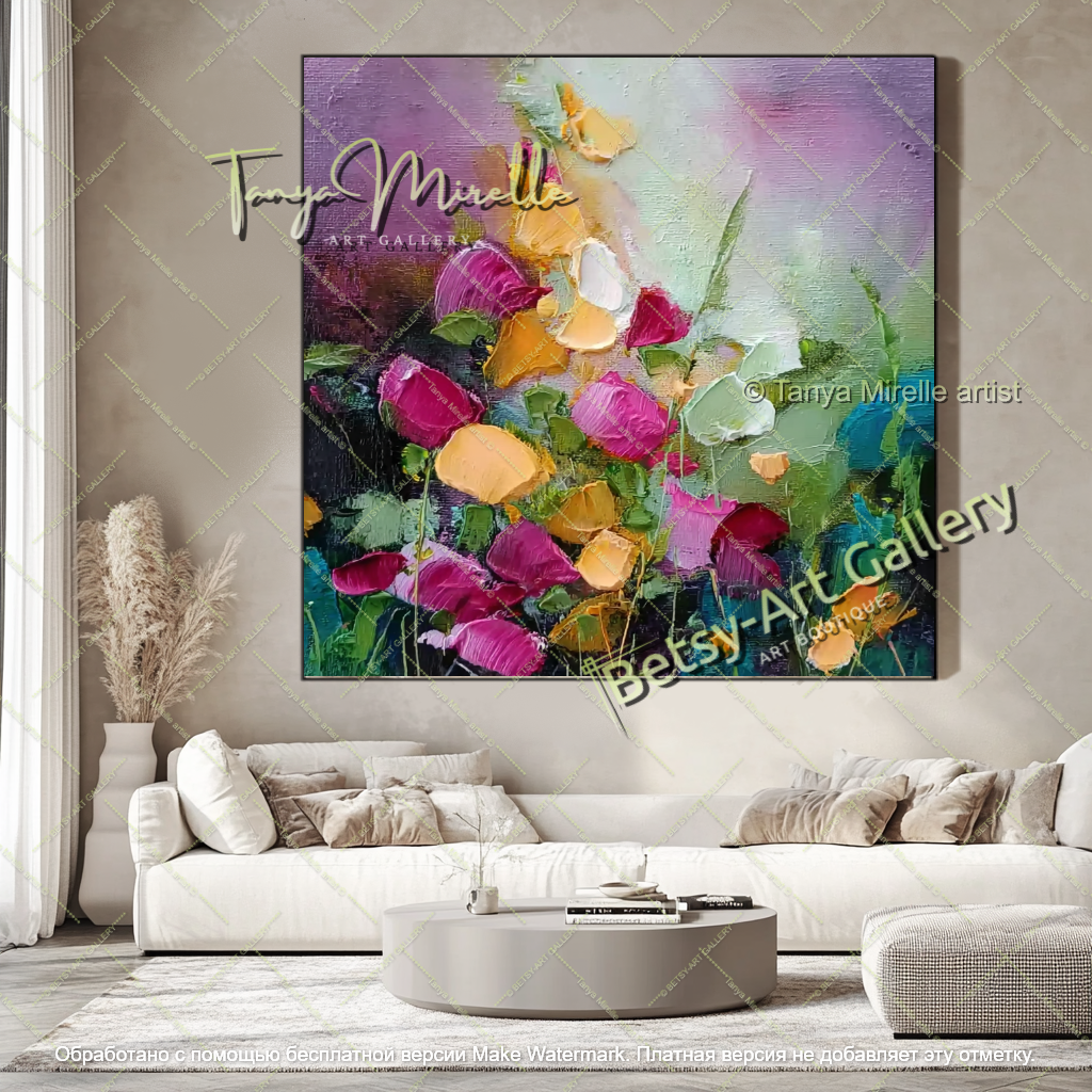 Textured Floral Abstract Canvas Art for Living Room