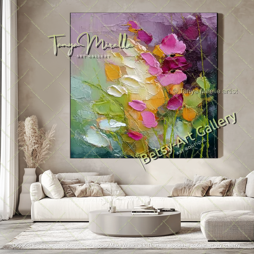 Textured Floral Abstract Canvas Art for Living Room