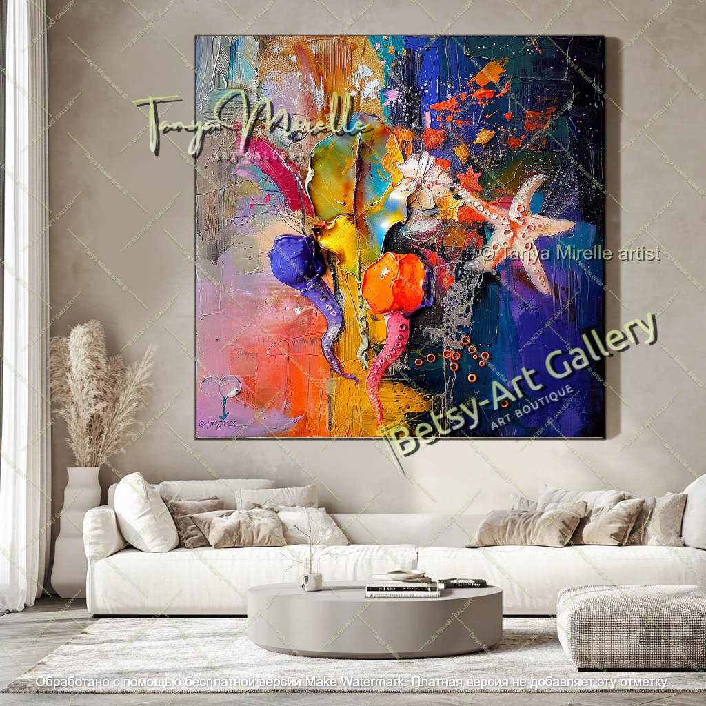 Colorful Underwater Flowers Painting Abstract Modern Art Textured Canvas