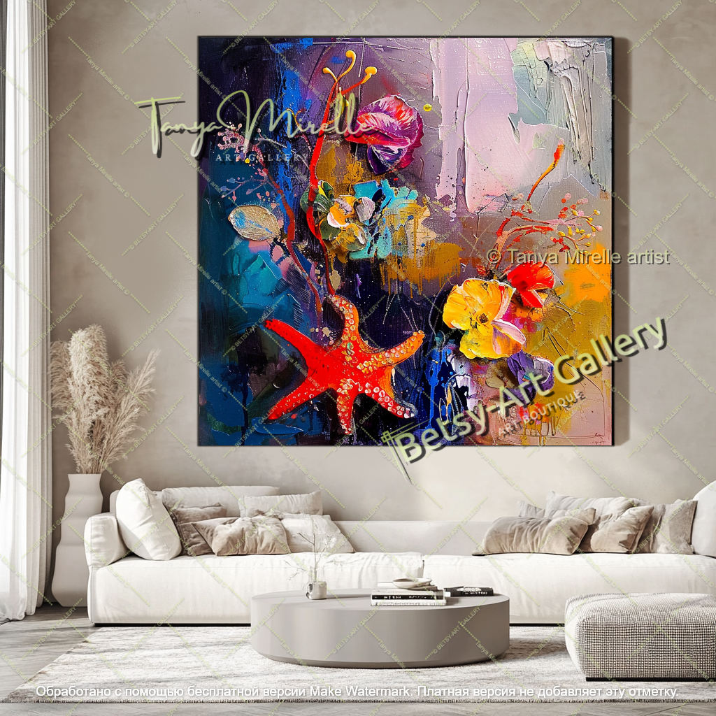 Colorful Underwater Flowers Painting Abstract Modern Art Textured Canvas