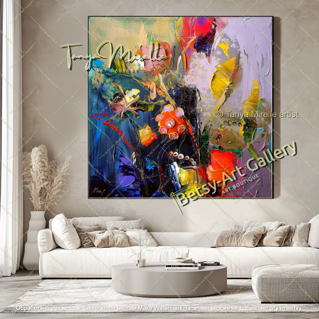 Colorful Underwater Flowers Painting Abstract Modern Art Textured Canvas