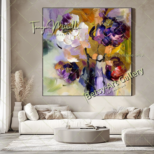 Textured Oil Floral Painting Large Wall Art