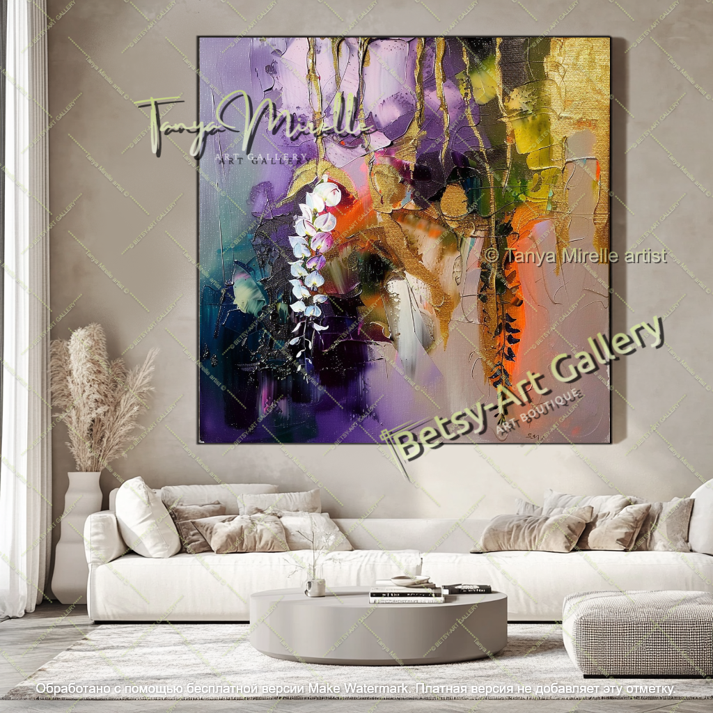 Textured Wisteria Flowers Oil Painting Large Wall Art