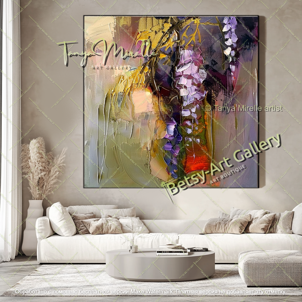 Textured Wisteria Flowers Oil Painting Large Wall Art
