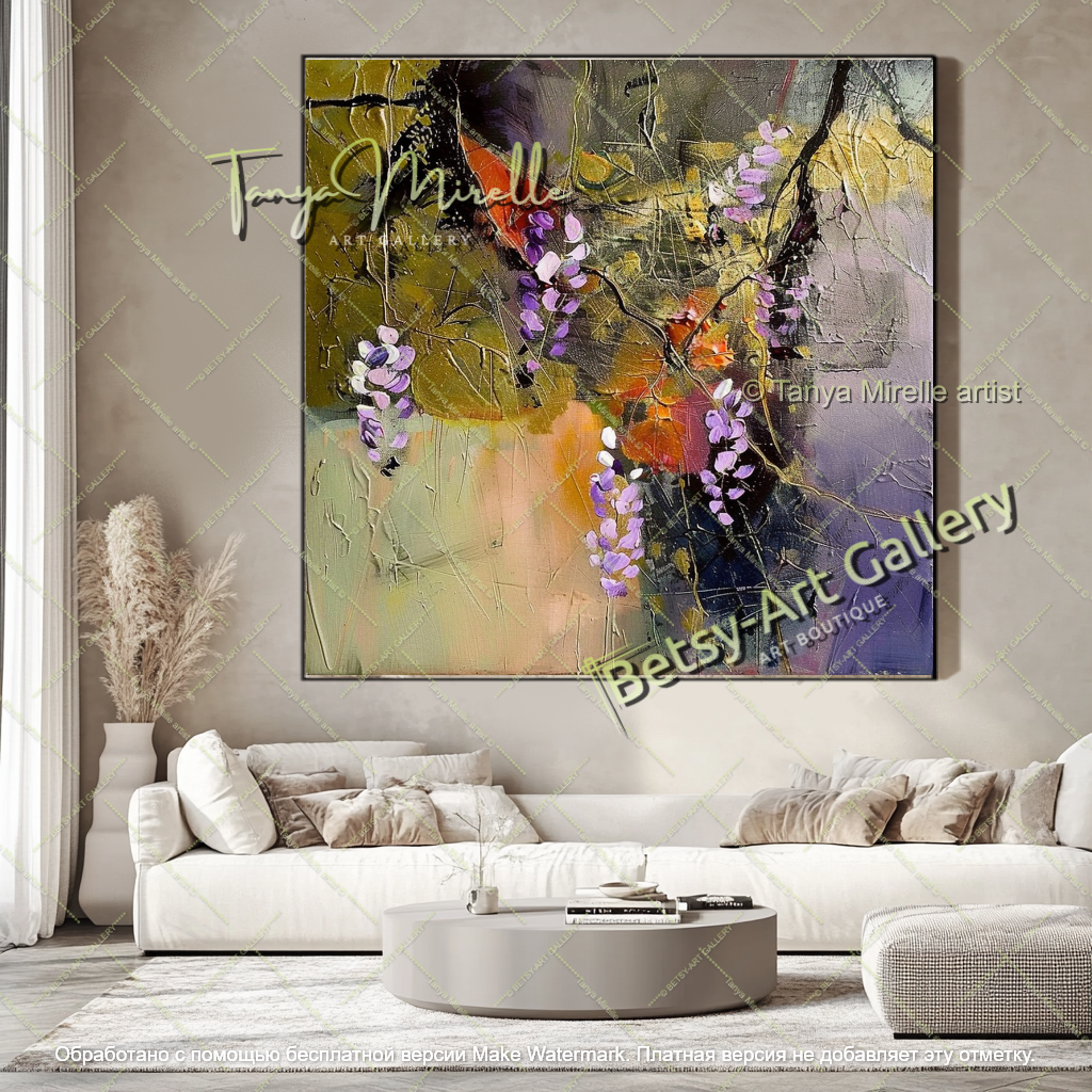 Textured Wisteria Flowers Oil Painting Large Wall Art